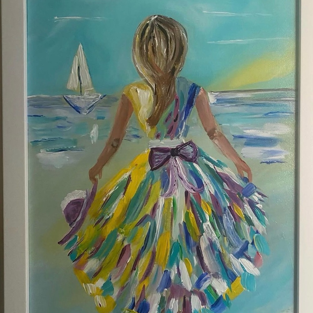 Colorful Abstract Painting of Woman by the Sea